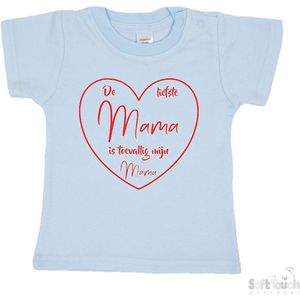 Soft Touch T-shirt Shirtje Korte mouw ""De liefste mama is toevallig mijn mama"" Unisex Katoen Blauw/rood Maat 62/68