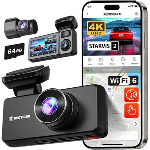 RedTiger F17 Dashcam voor auto - Ultra 4K & 1080P & 1080P– Voor en Achter Camera – Binnenkant camera - 2025 Model - WiFi en GPS – 3.0 Inch met App - Sony Sensor - Dashcams - Parkeerbewaking - G Sensor - Loop opname - Sony Starvis 2 sensor