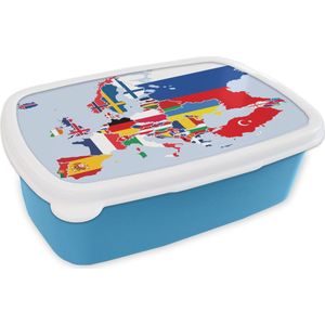 Broodtrommel Blauw - Lunchbox - Brooddoos - Kaart - Europa - Vlag - 18x12x6 cm - Kinderen - Jongen