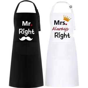Mr & Mrs right schorten set zwart/wit - kookschort voor dames en heren schort met 2 zakken, verstelbare nekriem en lange taillebanden, waterdicht - ideaal huwelijkscadeau voor koppels,