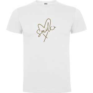 Wit T-Shirt met “Smile“ Afbeelding Goud Maat 2XL