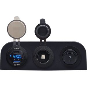ProRide 12V USB Autolader 2 Poorten - 45W/QC3.0 - Drievoudig opbouw paneel - Sigaretten stopcontact en Schakelaar