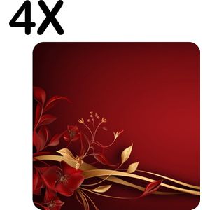 BWK Luxe Placemat - Gouden en Rode Bloemen - Lint - Set van 4 Placemats - 40x40 cm - 2 mm dik Vinyl - Anti Slip - Afneembaar