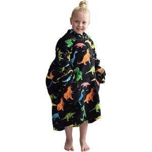 Dino fleece hoodie deken met mouwen kind – fleece poncho kind – plaid met mouwen - maat 128/152 – lengte 75 cm - chillen – Warm & zacht – relax outfit kids – zwart - Badrock