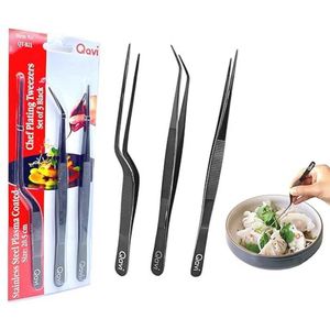 Set van 3 professionele plating pincetten - 8 inch (recht, gebogen, offset) - precisie culinaire tang van roestvrij staal
