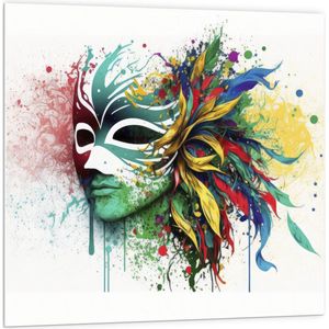 PVC Schuimplaat - Waterverf Tekening van Kleurrijke Carnavals Masker tegen Witte Achtergrond - 100x100 cm Foto op PVC Schuimplaat (Met Ophangsysteem)