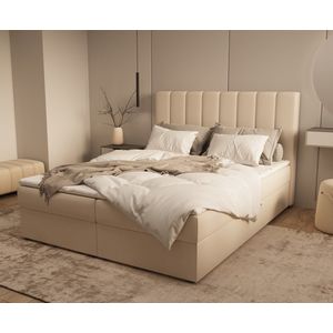 Gestoffeerd Continentaal Bed, Bonell-matras en Topper, Tweepersoonsbed met Gestoffeerd Hoofdeinde en Bedbox, Boxspring BED 01 - 140x200 - Trinity 2 - Beige