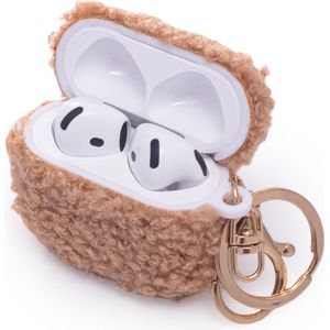Casemania Hoesje Geschikt voor Apple AirPods 4 - Bruin - Schokbestendig Teddy Furr Cover met Ring & Sleutelhanger
