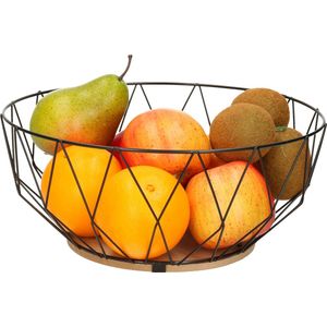 Fruitschaal/fruitmand rond zwart metaal/hout 28 cm - Fruitschalen/fruitmanden - Draadmand van metaal