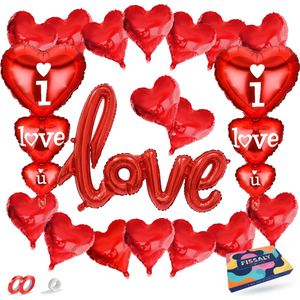 Fissaly 22 Stuks Liefde & Hartjes Decoratie Set met Helium Ballonnen en Lint – I Love you – voor Hem & Haar Cadeautje - Rood - Moederdag