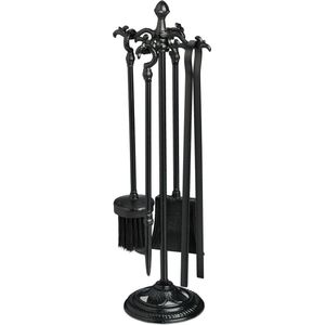 Haardset - Zwart - 5-delig - Gietijzer - Pook - Asschep - Borstel - Tang