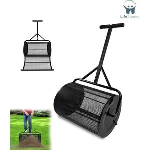 LifeStages - Strooiwagen - Compoststrooier - 80 Liter - Strooier met Metalen Gaasmand en Handvat - Tuinstrooier - Spagnum Mos Strooier - Zaadstrooier - Compoststrooier - Gazonmeststof voor Gazon en Tuin