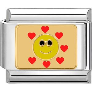 Quiges - Schakel - Bedel - 9mm - charms - Smiley met hartjes - Geschikt voor - Nomination- armband - Schakelarmband - italy bedels armband
