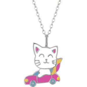 Ketting kinderen | Zilveren ketting met hanger, witte kat in auto