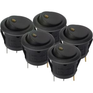 TLVX 5 stuks Schakelaar Rond Zwart met Geel lampje – LED indicator - Wipschakelaar - Aan/Uit – Tuimelschakelaar – Gele LED lamp – Inbouwschakelaar - ON/OFF schakelaar – 12Volt – Max. 20A – 21mm Diameter – Auto – Boot – Caravan – Camper