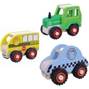 Playwood voertuigen rubber wielen tractor-taxi en schoolbus u krijgt 3 assorti geleverd.