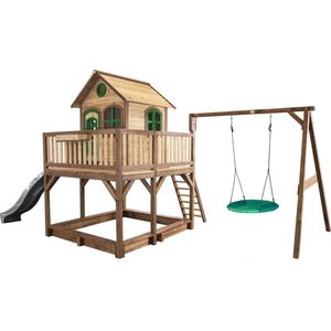 AXI Liam Speelhuis in Bruin/Groen - Met Summer Nestschommel, Grijze Glijbaan en Zandbak - Speelhuisje op palen met veranda - FSC hout - Speeltoestel voor de tuin