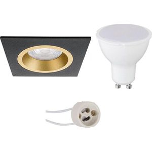 LED Spot Set - Pragmi Rodos Pro - GU10 Fitting - Inbouw Vierkant - Mat Zwart/Goud - 4W - Helder/Koud Wit 6400K - 93mm