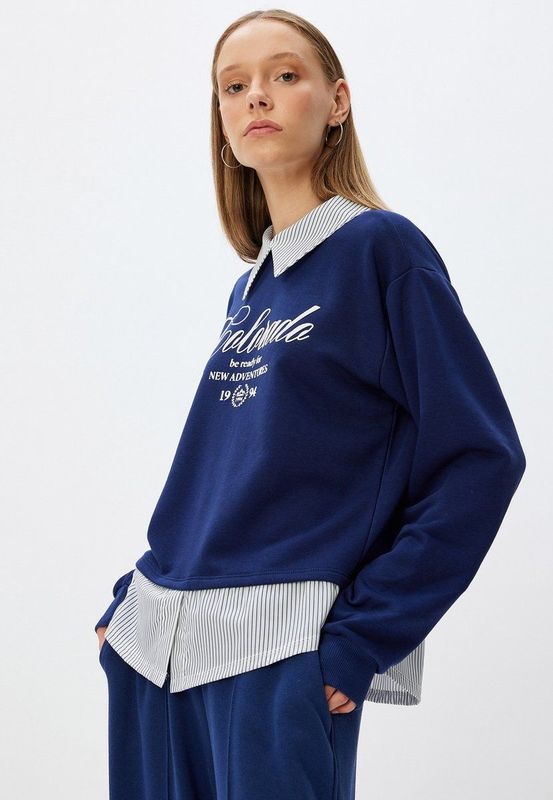 Sweatshirt - Overhemdkraag - Lange Mouw - Normale Lengte - College Relax