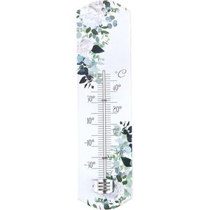 Alma Garden Binnen/buiten thermometer met lentebloemen print - wit - metaal - 29 x 6.5 cm