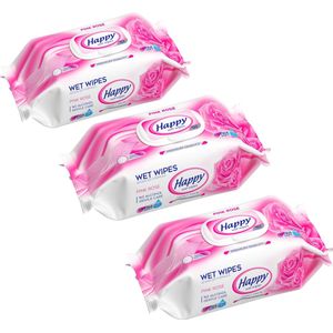 Happy Wet Wipes Pink Rose 3 x 102 vochtige reliëf doeken PH 5.5 gebalanceerd