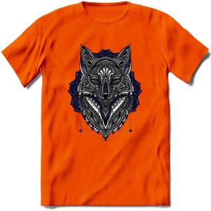 Vos - Dieren Mandala T-Shirt | Donkerblauw | Grappig Verjaardag Zentangle Dierenkop Cadeau Shirt | Dames - Heren - Unisex | Wildlife Tshirt Kleding Kado | - Oranje - 3XL