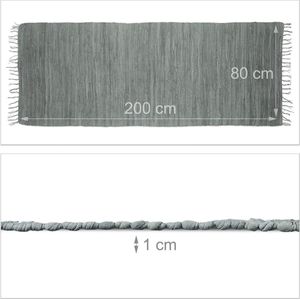 Vloerkleed laagpolig antislip onderkant met franjes - Effen katoen 80 x 200 cm - Grijs - Relaxdays vloerkleed