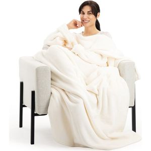 Navaris XL deken met mouwen - Wasbare knuffeldeken voor volwassenen - 200x150cm - Met mouwen en sjaalkraag - Crème