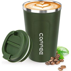 Koffiebeker voor onderweg, thermosbeker, roestvrij staal, lekvrije koffiekop met deksel, koffiekop, thermosbeker voor onderweg, milieuvriendelijk, groen, 380 ml.