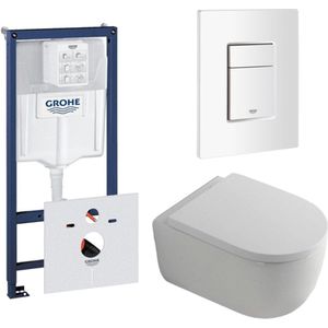QeramiQ Dely Swirl Toiletset - 36.5x53cm - Grohe Rapid inbouwreservoir - 35mm zitting - witte bedieningsplaat - rechthoekige knoppen - glans wit