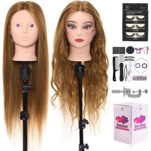 Kappershoofd 71 cm met 60% echt haar - Trainingshoofd voor Cosmetologie & Make-up - Mannequin Pop met Tafelklem en Vlecht Set