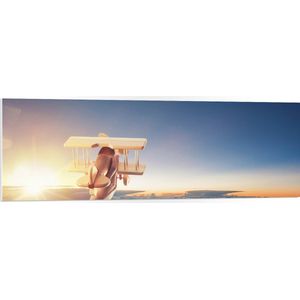 PVC Schuimplaat- Zweefvliegtuig in Hand boven de Wolken bij de Felle Zon - 120x40 cm Foto op PVC Schuimplaat