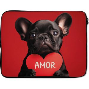Laptophoes 15.6 inch - Amor - Hond - Hartje - Rood - Laptop sleeve - Binnenmaat 37x26 cm - Zwarte achterkant