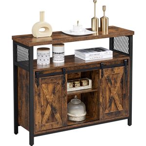 Maria Side Table, dressoir, keukenkast, opbergkast, met 2 schuifdeuren, opbergrek, verstelbare plank, industrieel, voor woonkamer, woonkamer, slaapkamer vintage bruin-zwart