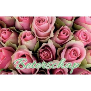 Beterschap! Een prachtige wenskaart met roze rozen waarbij een gele tint te zien is in de rozen. Een dubbele wenskaart inclusief envelop en in folie verpakt.
