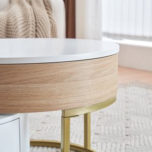 Merax Luxe Salontafel Set van 2 - Verstelbare Salontafels met 2 Lades - Bijzettafels - Wit met Bruin en Goud