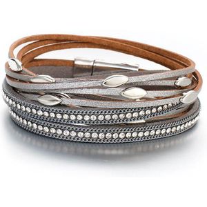 Armband Dames - Leren Wikkelarmband - 18,5 cm - Bergkristal - Zilverkleurig