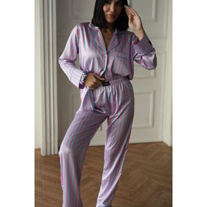 Satijnen Dames Pyjamaset- Luxe Pyjamaset- Pyjama- Nachtkleding Gestreept- Maat S