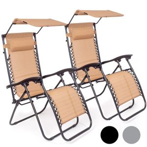 LifeGoods Opvouwbare Tuinstoelen - met Luifel - Verstelbaar Zonnescherm - 2 Stuks - 30°-90° Verstelbaar - Metaal - Beige