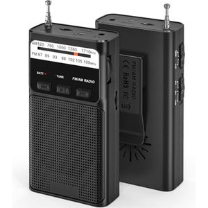 Draagbare AM FM Radio met 1200mAh Oplaadbare Batterij, Rugklem en Flitslicht