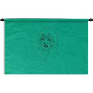 Wandkleed Line-art Vrouwengezicht - 10 - Line-art starende vrouw op een groene achtergrond Wandkleed katoen 180x120 cm - Wandtapijt met foto XXL / Groot formaat!