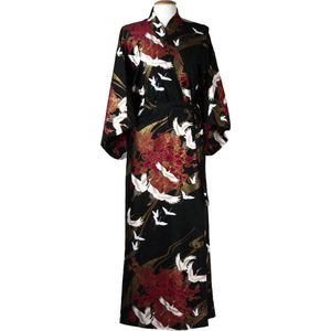 DongDong - Originele Japanse Kimono - Zwart - Katoen - Kraanvogel