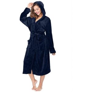 Dames badjas fleece/velours benyson met capuchon donker blauw L/XL