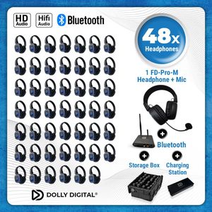 48 set Silent Disco Pro Box Bluetooth | 48 HiFi Headsets FD-Pro, Oplaadbare zender T80-Pro Bluetooth, oplaadstation | DOLLY DIGITAL©