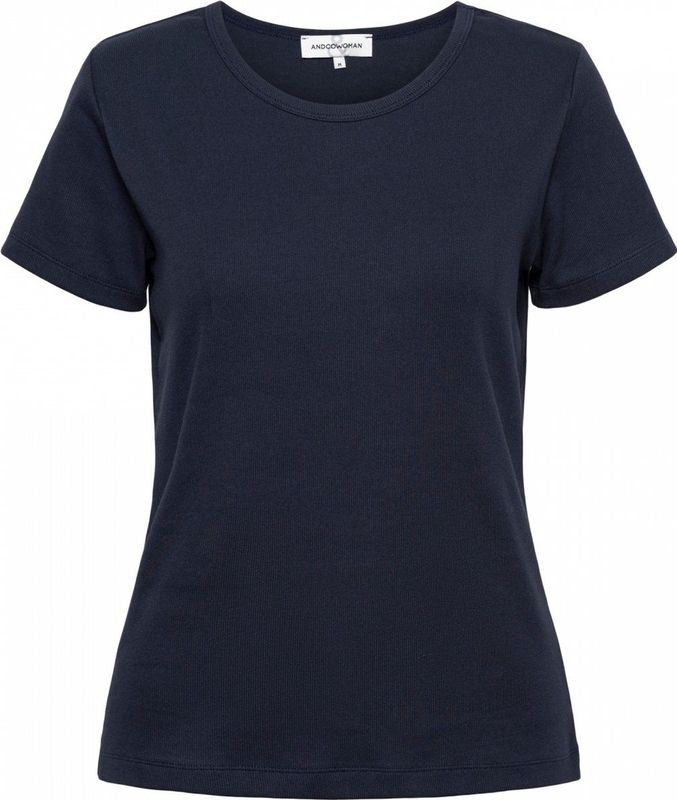 &Co woman - B-Navy - T-shirt - Ronde Hals - Korte Mouwen - Ribstof