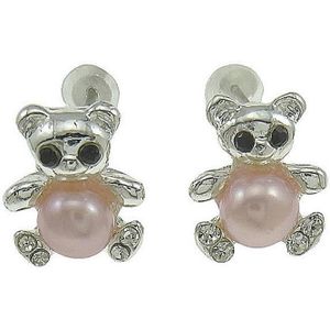 Zoetwater parel oorbellen Pearl Bear P - oorstekers - echte parels - roze - stras steentjes - beer