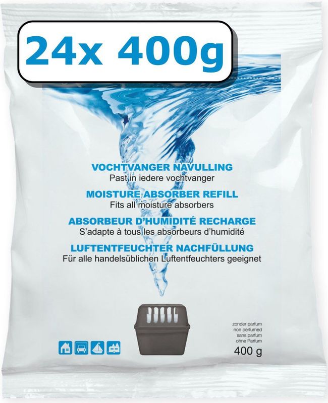 Vochtvanger navulling - 24 stuks - 400 gram - neutraal - universeel - voor vochtopnemers vanaf 400 gram