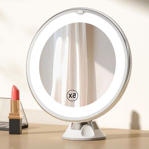 Tafelspiegel met 5-voudige vergroting en LED-verlichting - 360° draaibare make-upspiegel met zuignap - draagbare make-upspiegel voor onderweg (wit) Scheerspiegel