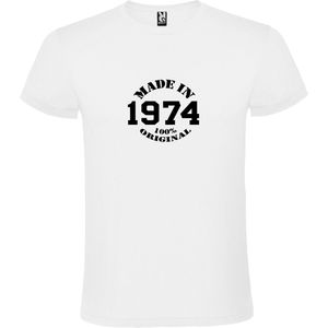 Wit T-Shirt met “Made in 1974 / 100% Original “ Afbeelding Zwart Size XS
