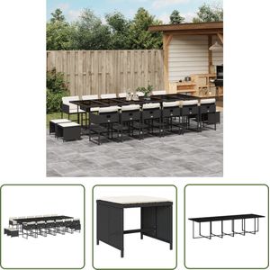 The Living Store 17-delige Tuinset met kussens poly rattan zwart - Eetkamerset - Tuinset - Buitentafel - Buitenstoelen - Lounge Set